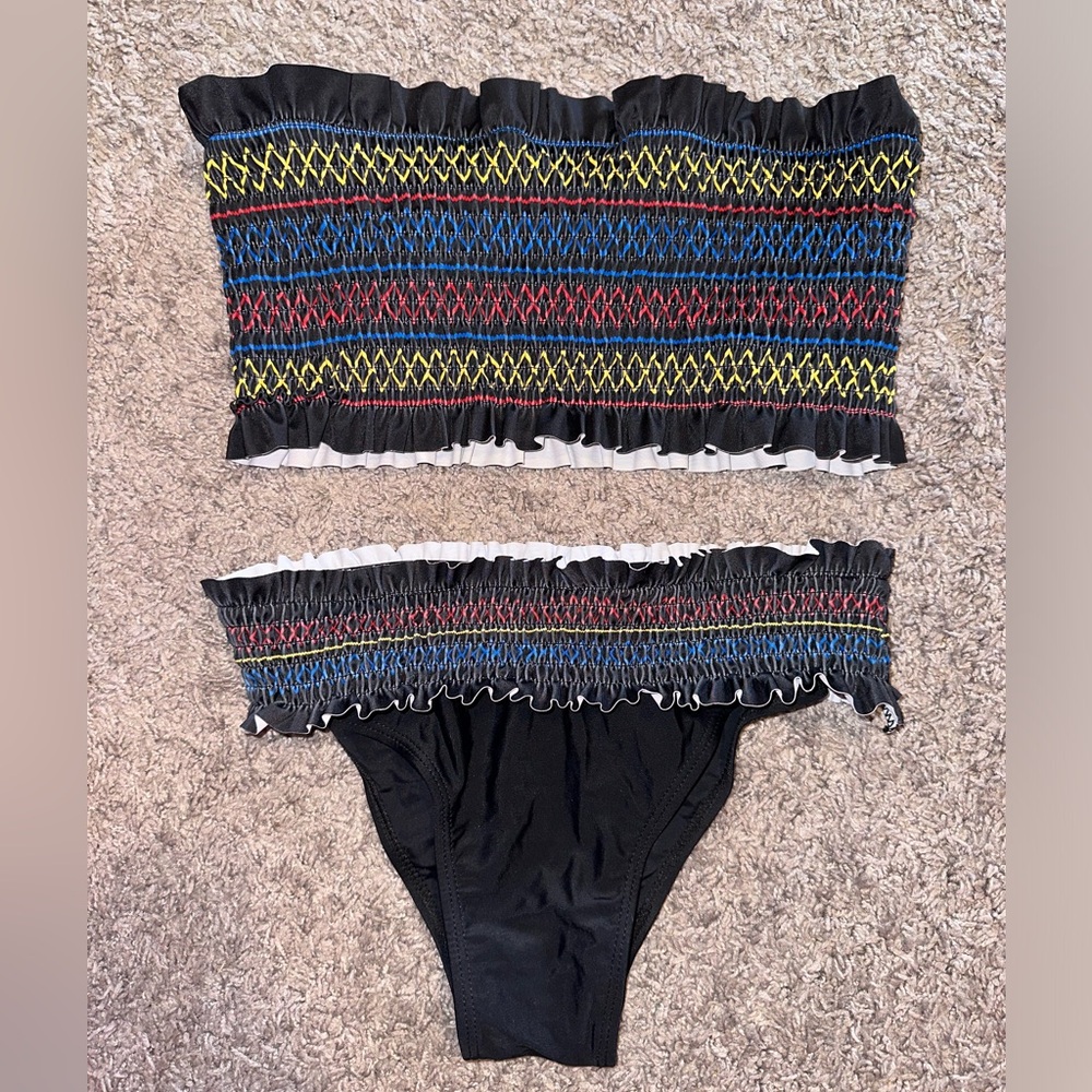 Women’s 2 piece strapless bikini swimsuit size M/L medium/large black striped